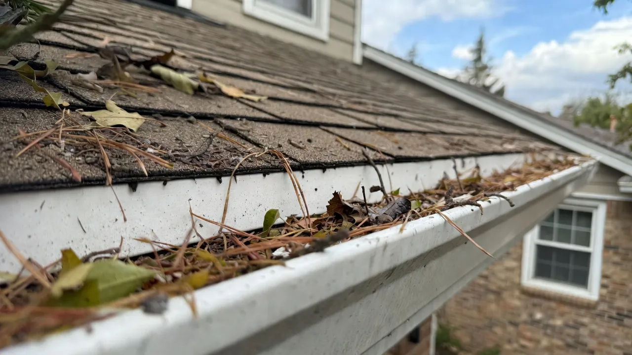 Professional gutter cleaning service on a Spokane home — debris cleared, downspouts flushed, gutters flowing freely