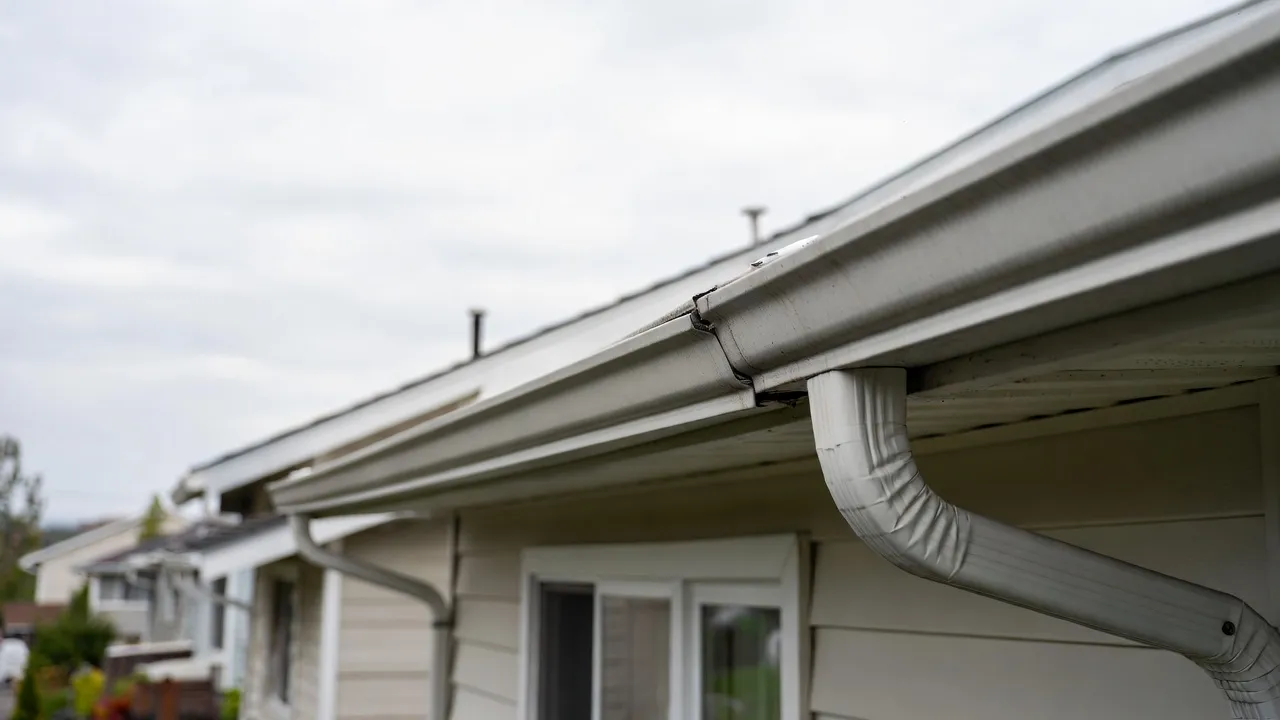 Broken gutter joint on a Spokane home — corroded seal with water damage visible at the seam